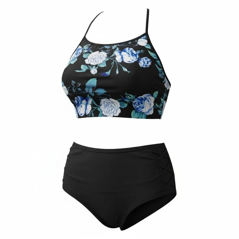 Unbranded Black & Blue Floral Swimwear Bikini Set Size L - Picture 2 of 8
